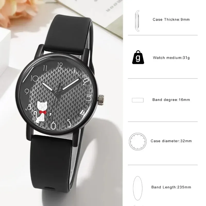 Relógio feminino de quartzo com mostrador de gatinho fofo e pulseira de silicone, ideal para esportes e para presente de aniversário.
Cute Girl Quartz Watch Lovely Cat Dial Silicone Strap Women Wristwatches Sport Ladies Watches Relógio Feminino Birthday Gift - Imagem 6