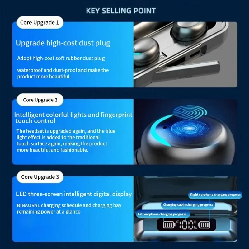 Fones de ouvido sem fio F9 com visor LED, tecnologia TWS binaural, Bluetooth, à prova d'água e com redução de ruído.
F9 Wireless Earphones LED Dislpaly Binaural TWS Wireless Bluetooth Headset Waterproof Noise Reduction Bluetooth Headphones - Imagem 6